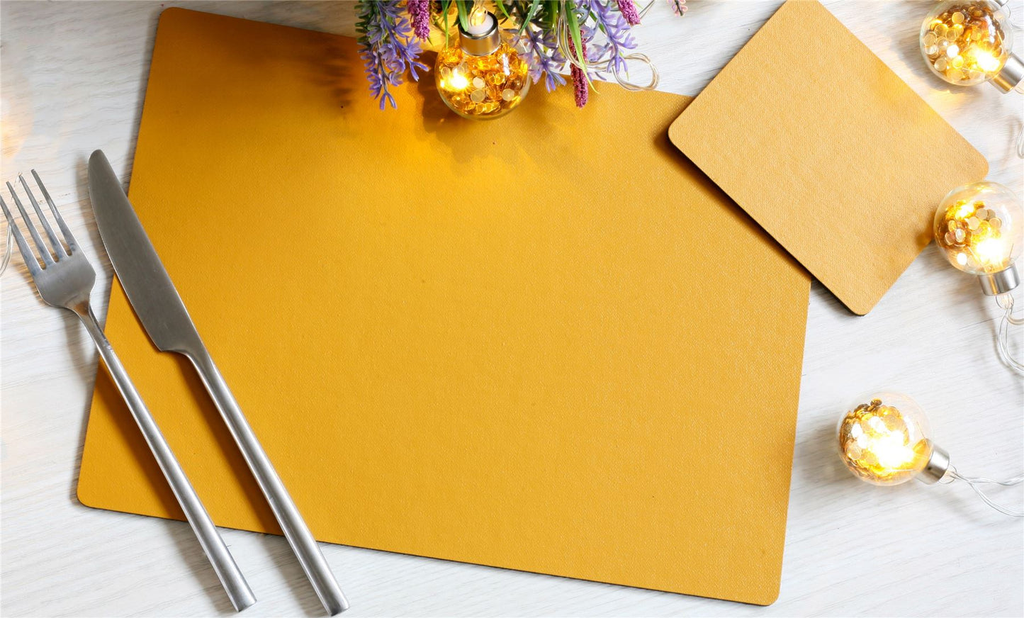 Set of 6 Elementary Mustard Leatherboard Placemats and 6 Coasters - UK Made