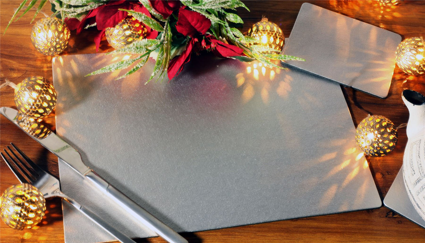 Set of 8 Silver Elementary Leatherboard Placemats and 8 Coasters - UK Made