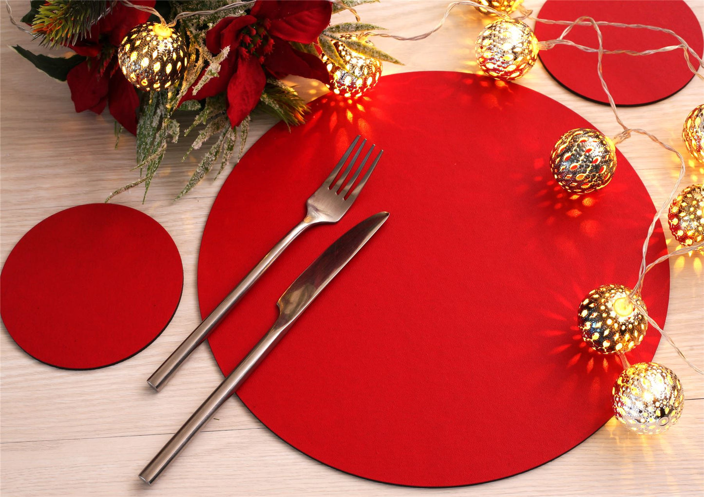 Set of 6 Elementary Red Leatherboard Round Placemats and 6 Coasters - Made in UK