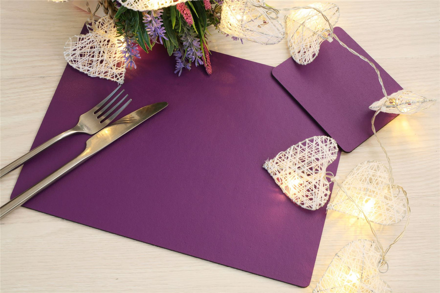 Set of 4 Elementary Purple Leatherboard Placemats and 4 Coasters - Made in UK