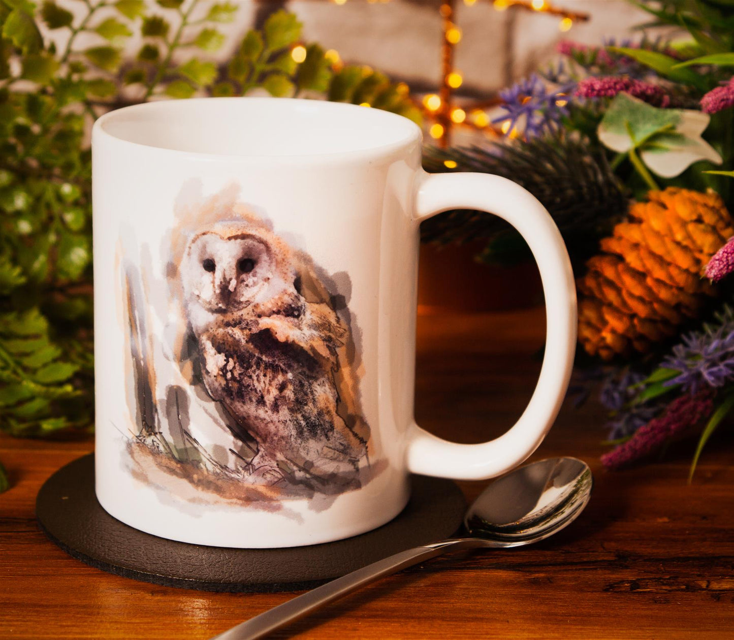 Set of 6 Water Colour Animals Owl porcelain can shaped 10 floz mugs & coasters