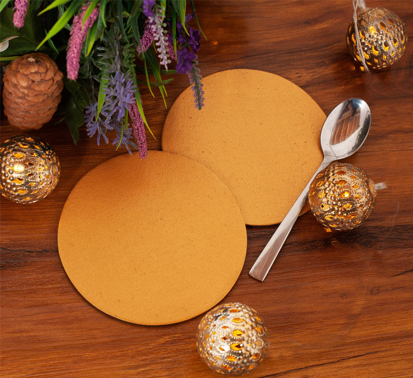 Set of 6 Gold Elementary Round Leatherboard Coasters - Made in Britain