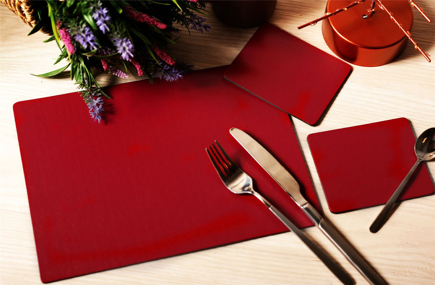 Set of 4 Merlot Elementary Leatherboard Placemats and 4 Coasters - UK Made