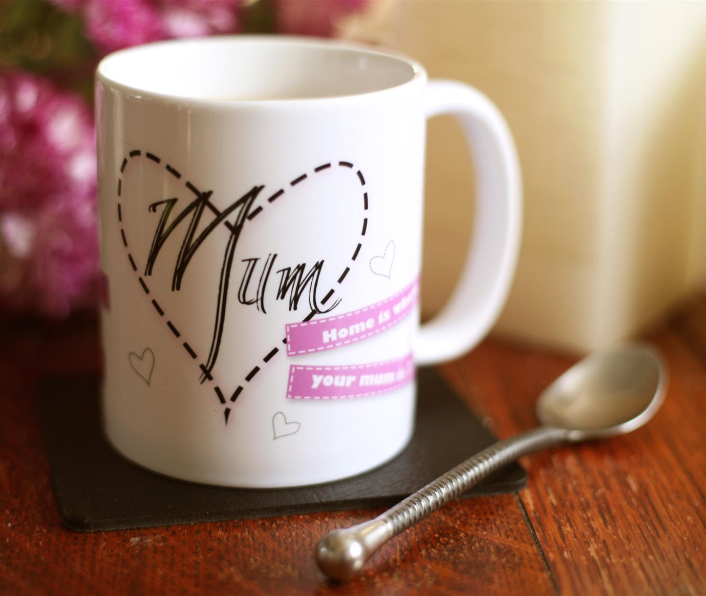 Set of 4 Home is where your mum is porcelain can shaped 10 floz mugs & coasters