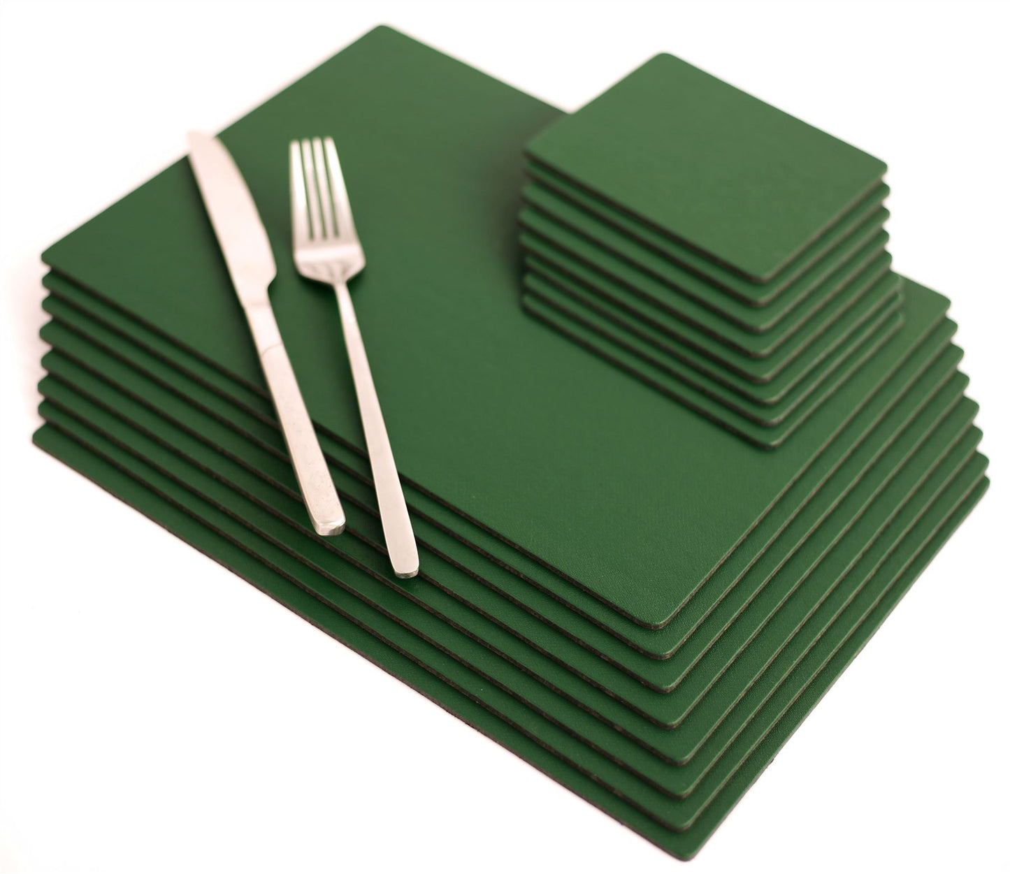 Set of 8 British Racing Green Elementary Leatherboard Placemats and 8 Coasters