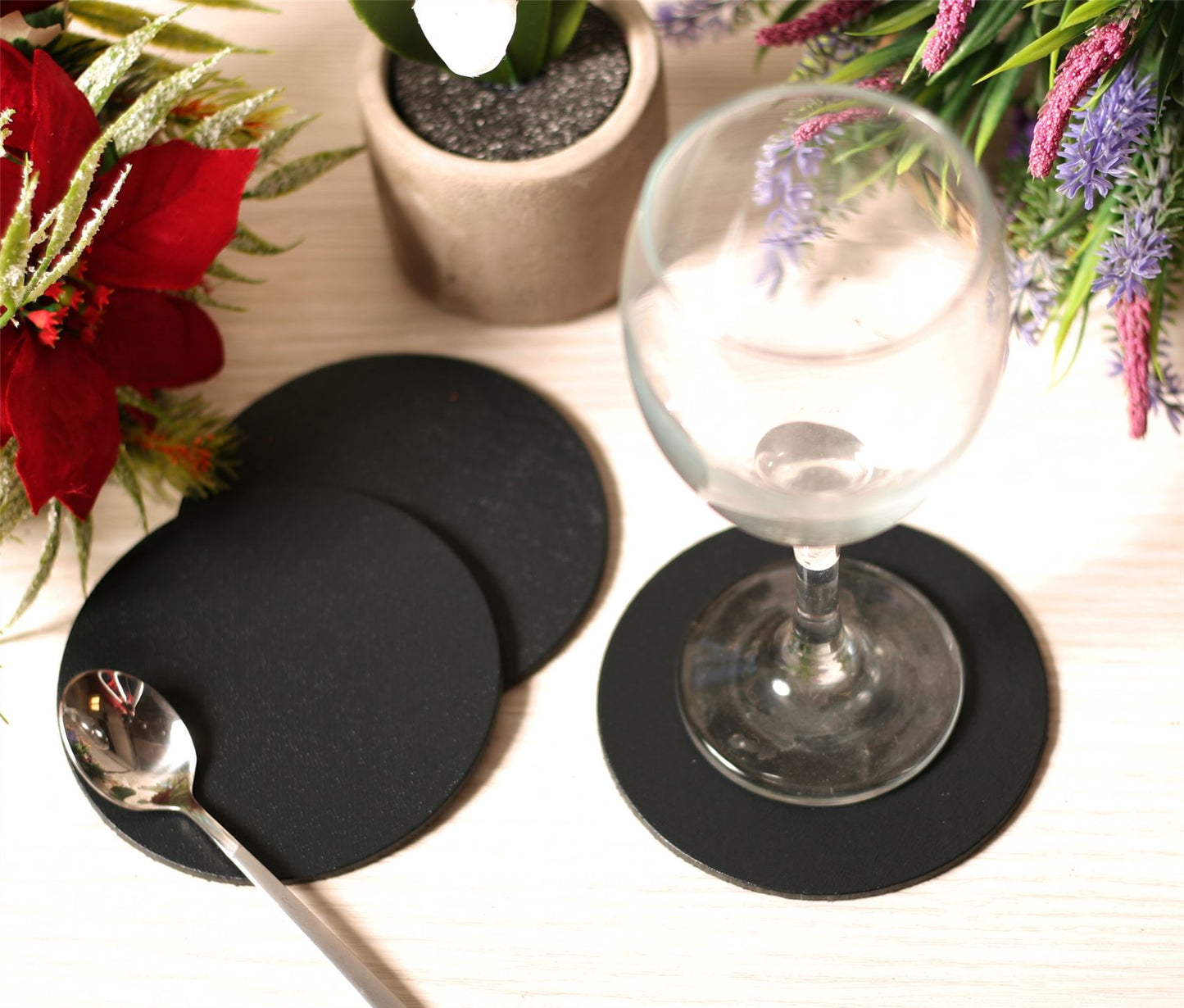 Set of 8 Charcoal Elementary Round Leatherboard Coasters - Made in Britain
