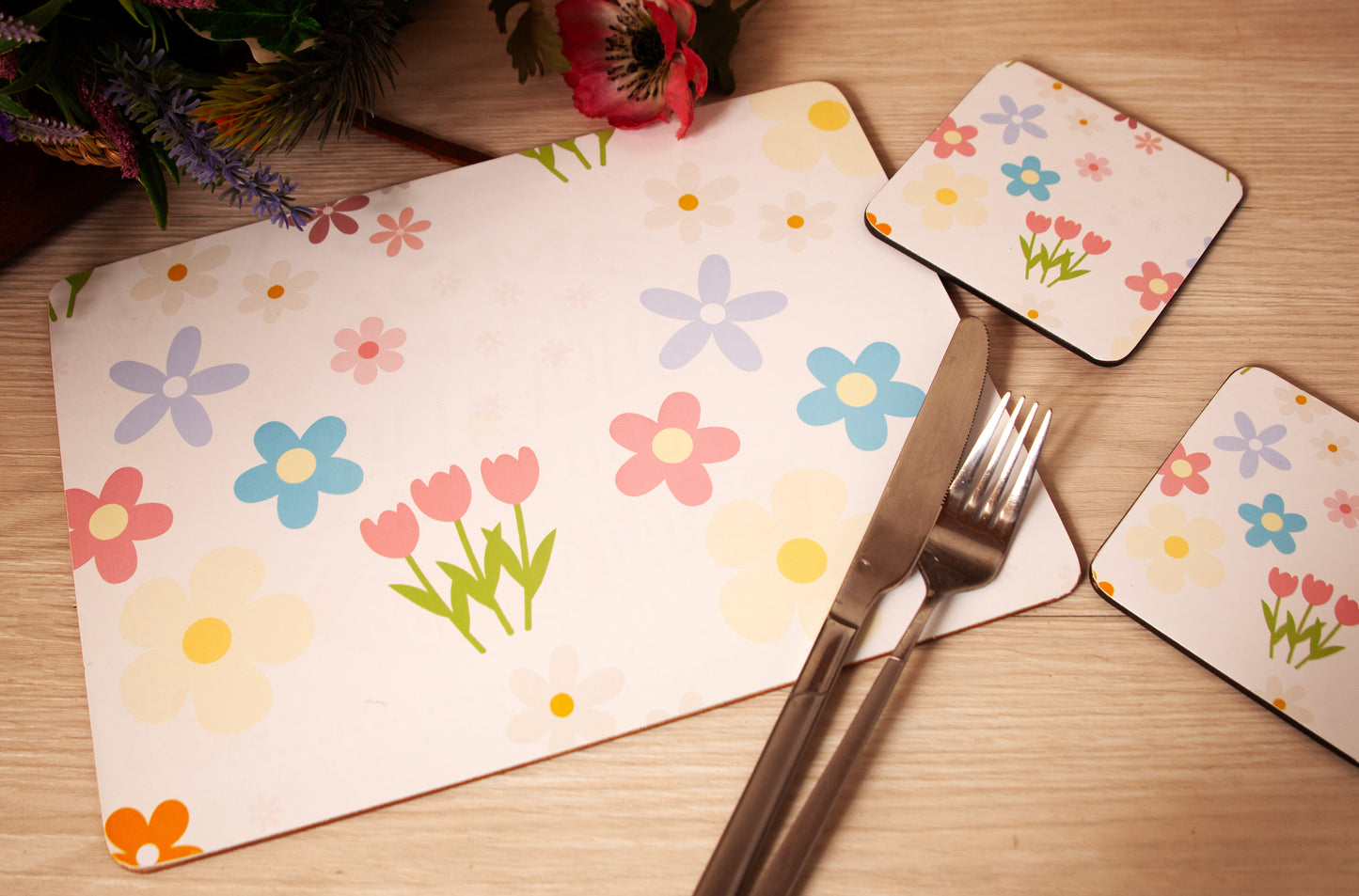 Set of 6 Flowers Design Cork Backed Placemats and Coasters