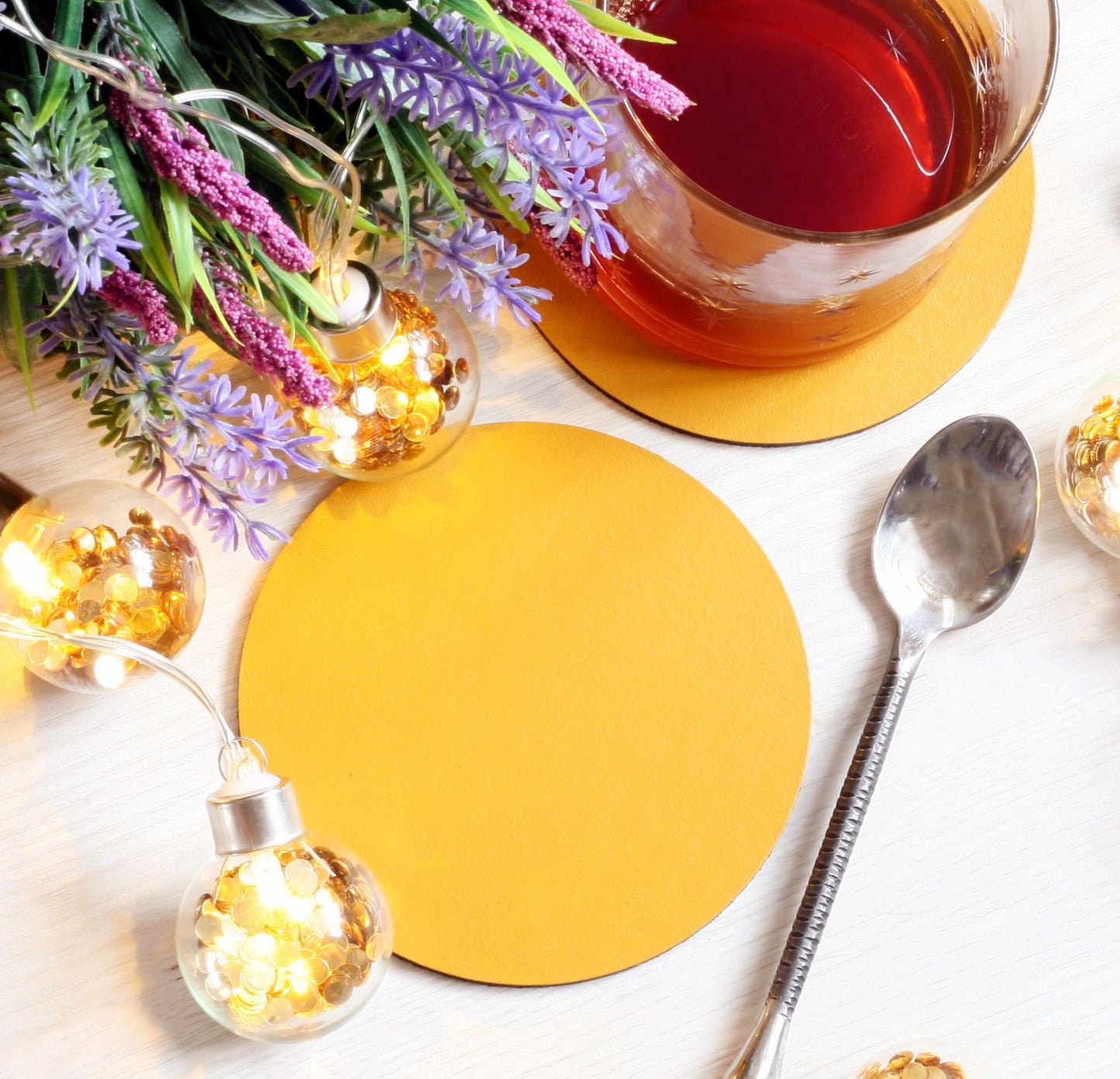 Set of 4 Elementary Mustard Leatherboard Round Coasters - Made in the UK