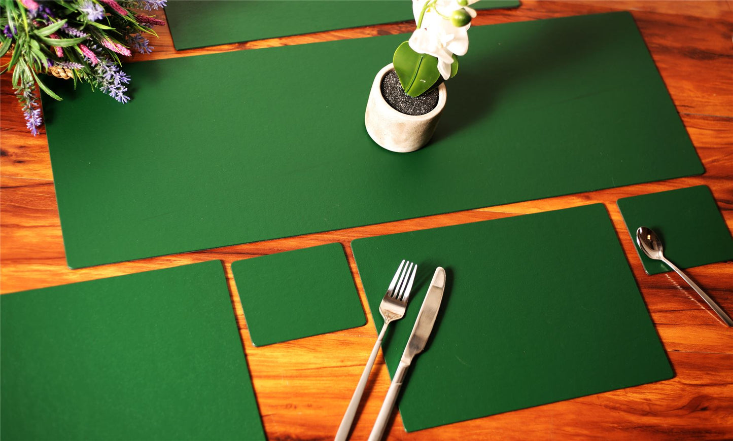 13 Piece British Racing Green Dinning Set Runner 6 Placemats & 6 Coasters