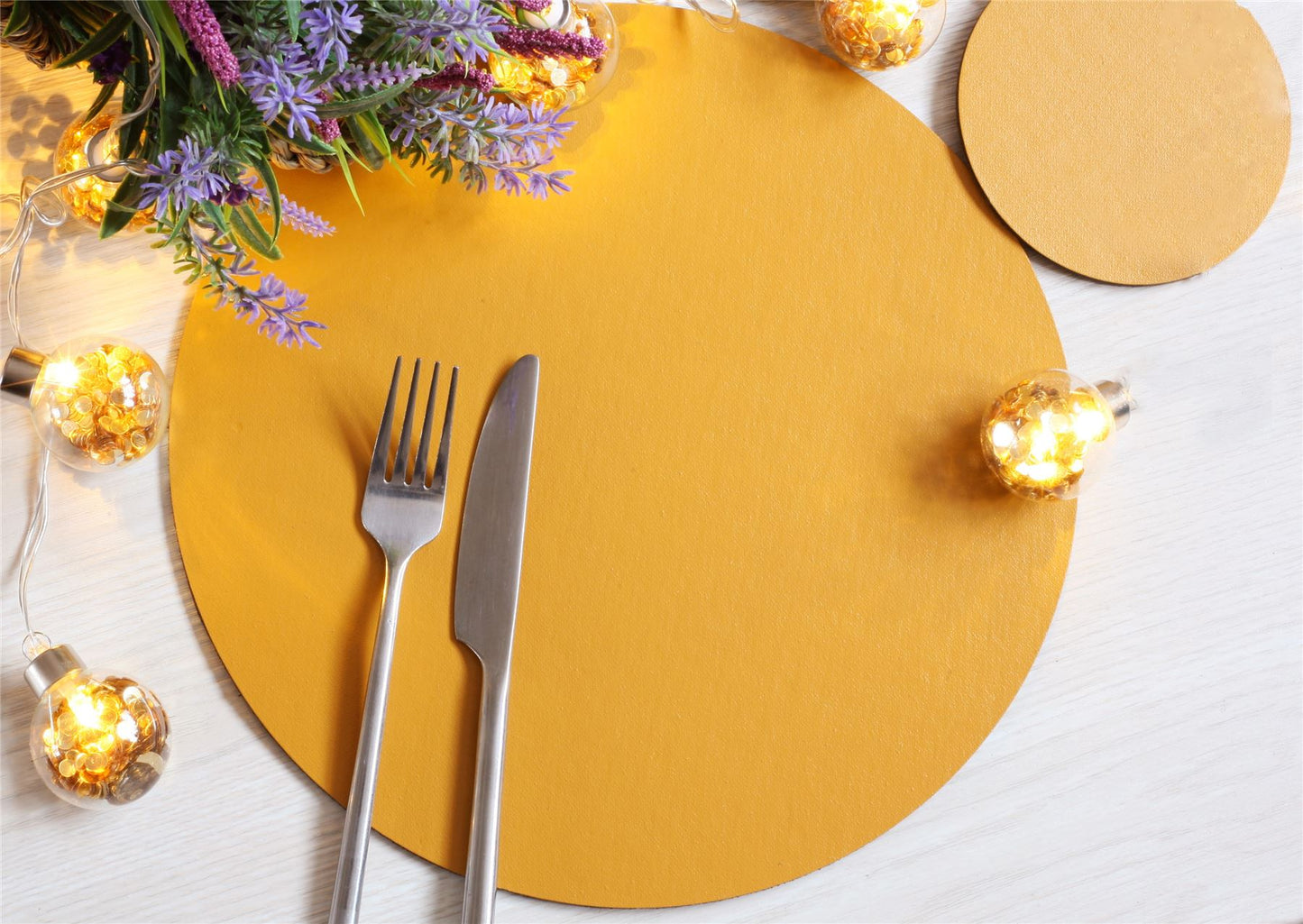 8 Elementary Mustard Leatherboard Round Placemats and 8 Coasters - UK Made