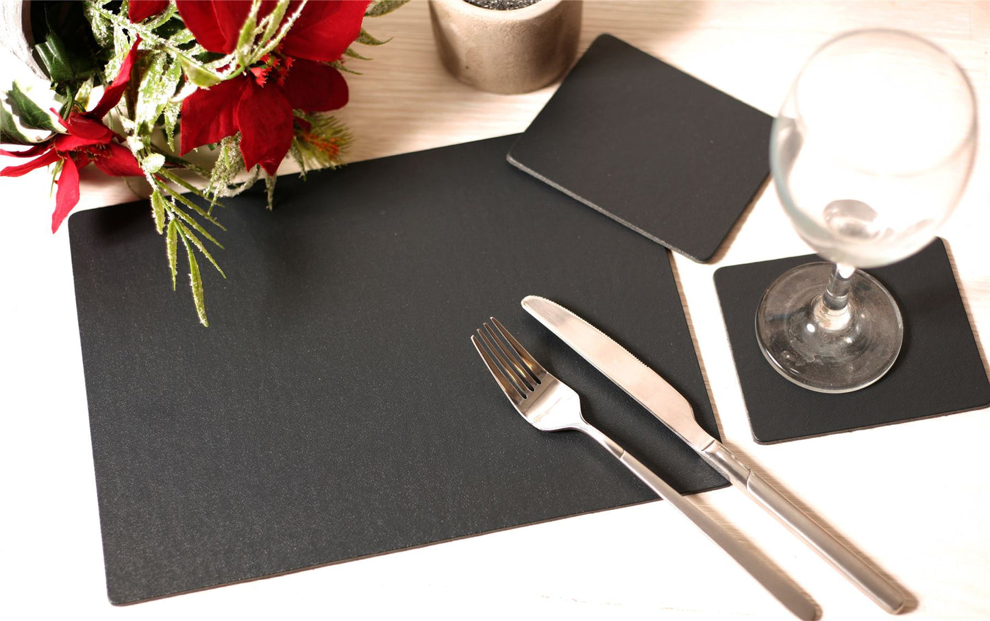 Set of 8 Charcoal Grey Elementary Leatherboard Placemats and 8 Coasters