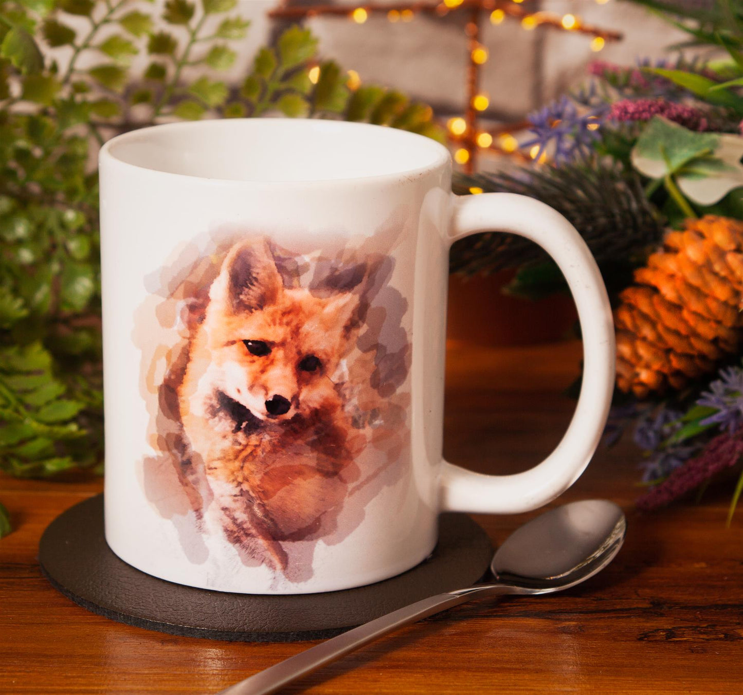 Set of 6 Water Colour Animals Fox porcelain can shaped 10 floz mugs & coasters