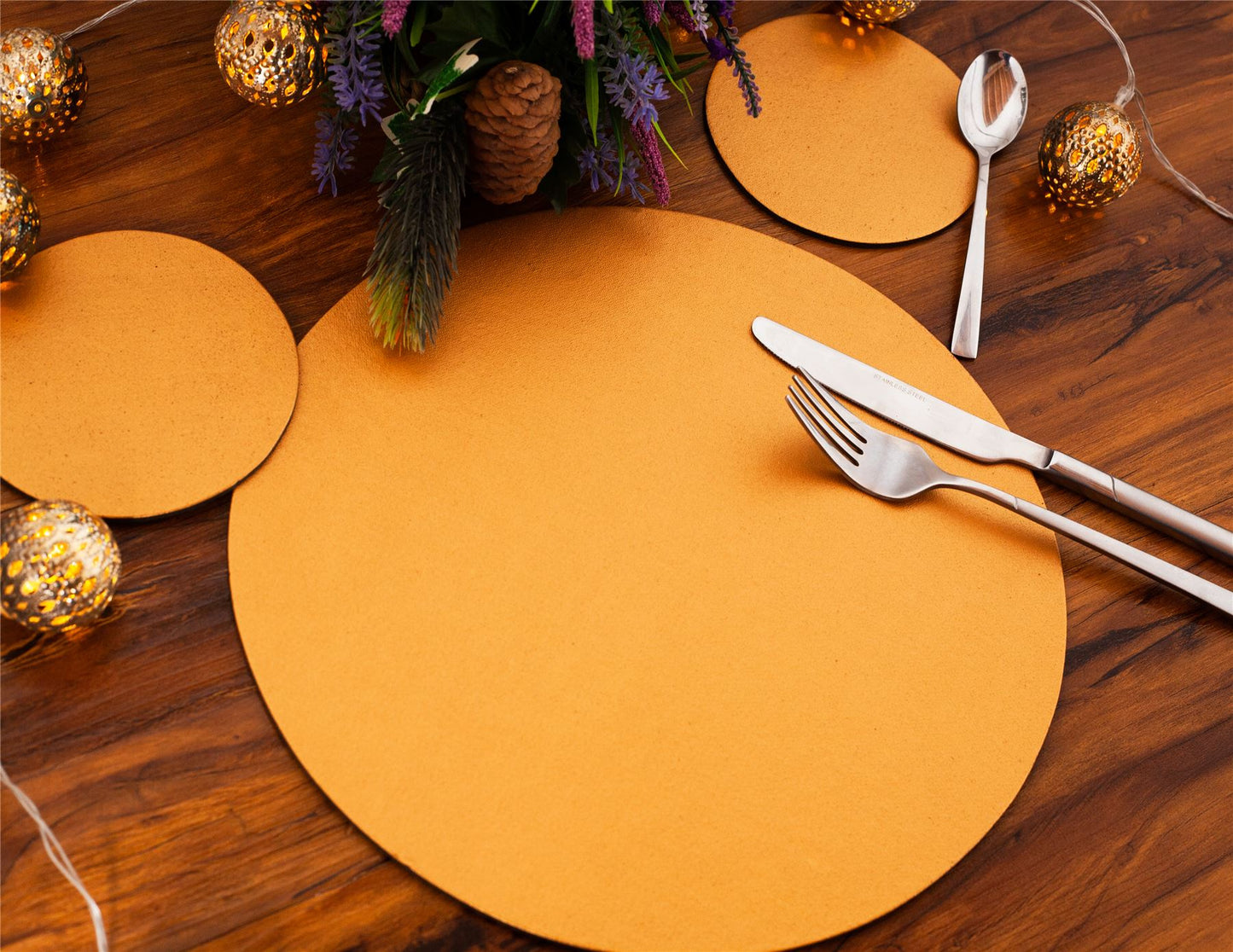 Set of 6 Gold Elementary Round Leatherboard Placemats and 6 Coasters - UK Made