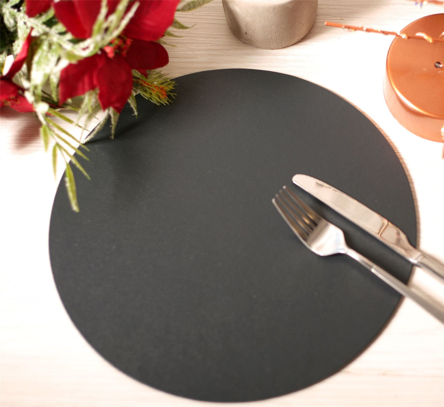 Set of 8 Charcoal Grey Elementary Round Leatherboard Placemats Tablemats