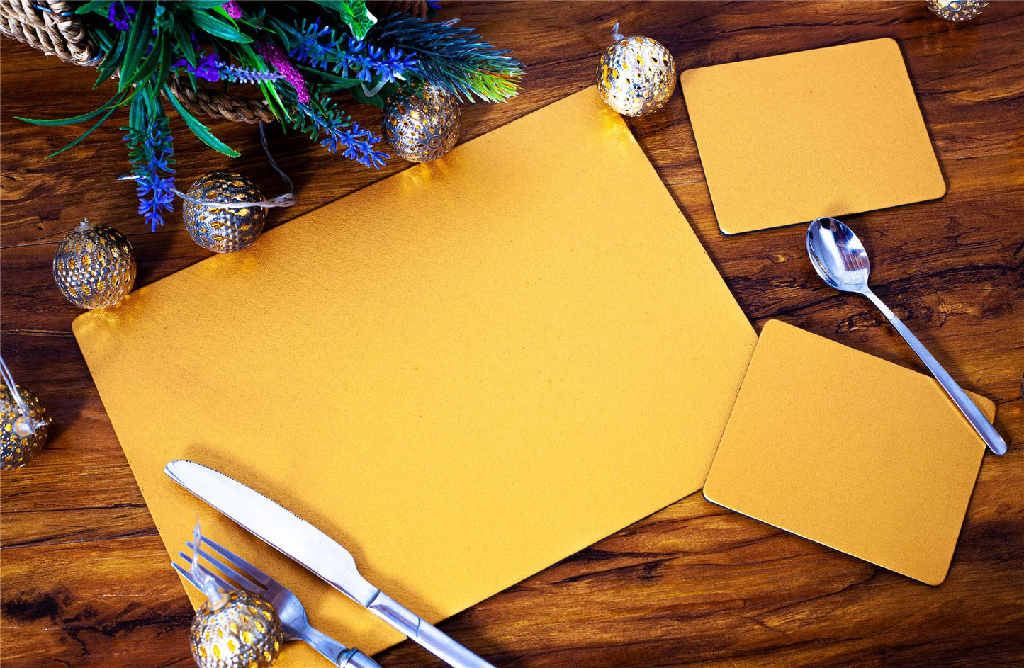Set of 6 Gold Elementary Leatherboard Placemats and 6 Coasters - Made in Britain