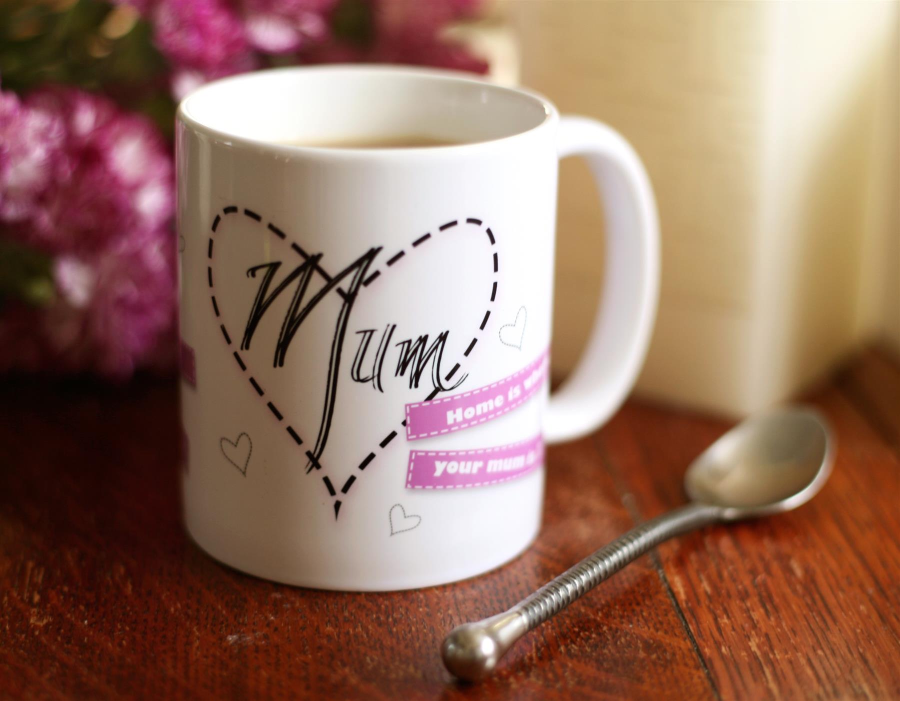  Set of 4 &apos;Home is where your mum is&apos; porcelain can shaped 10 floz mugs