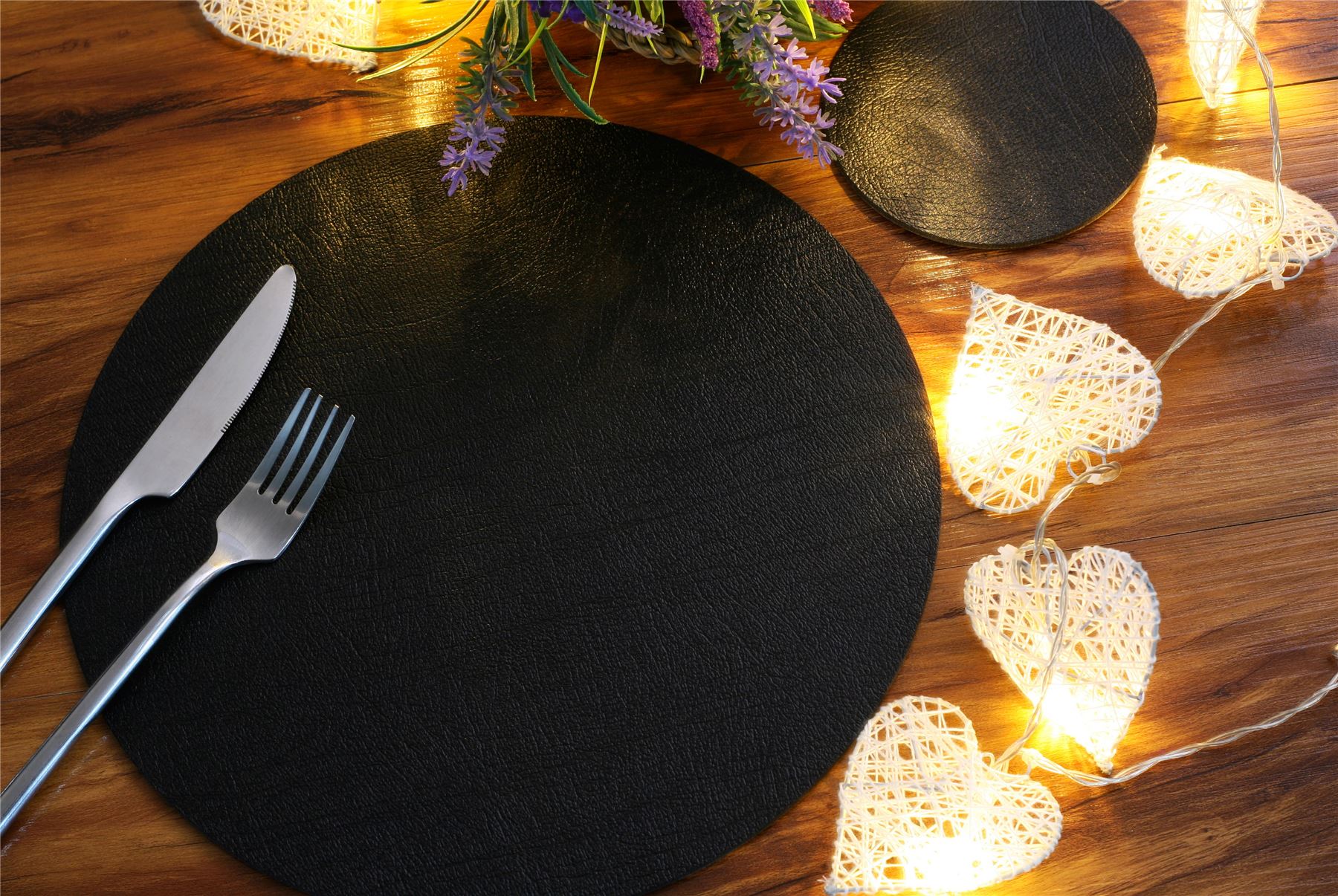  Set of 6 Classic Black Leatherboard Round Placemats and 6 Coasters - Made in UK