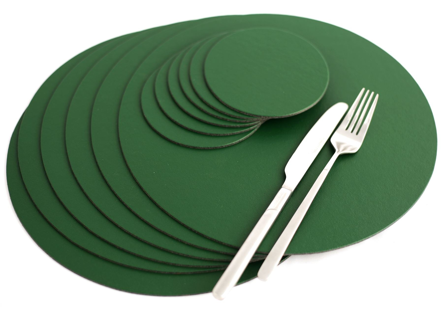  6 British Racing Green Elementary Round Leatherboard Placemats & 6 Coasters