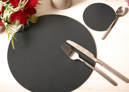  Set of 6 Charcoal Grey Elementary Round Leatherboard Placemats & 6 Coasters