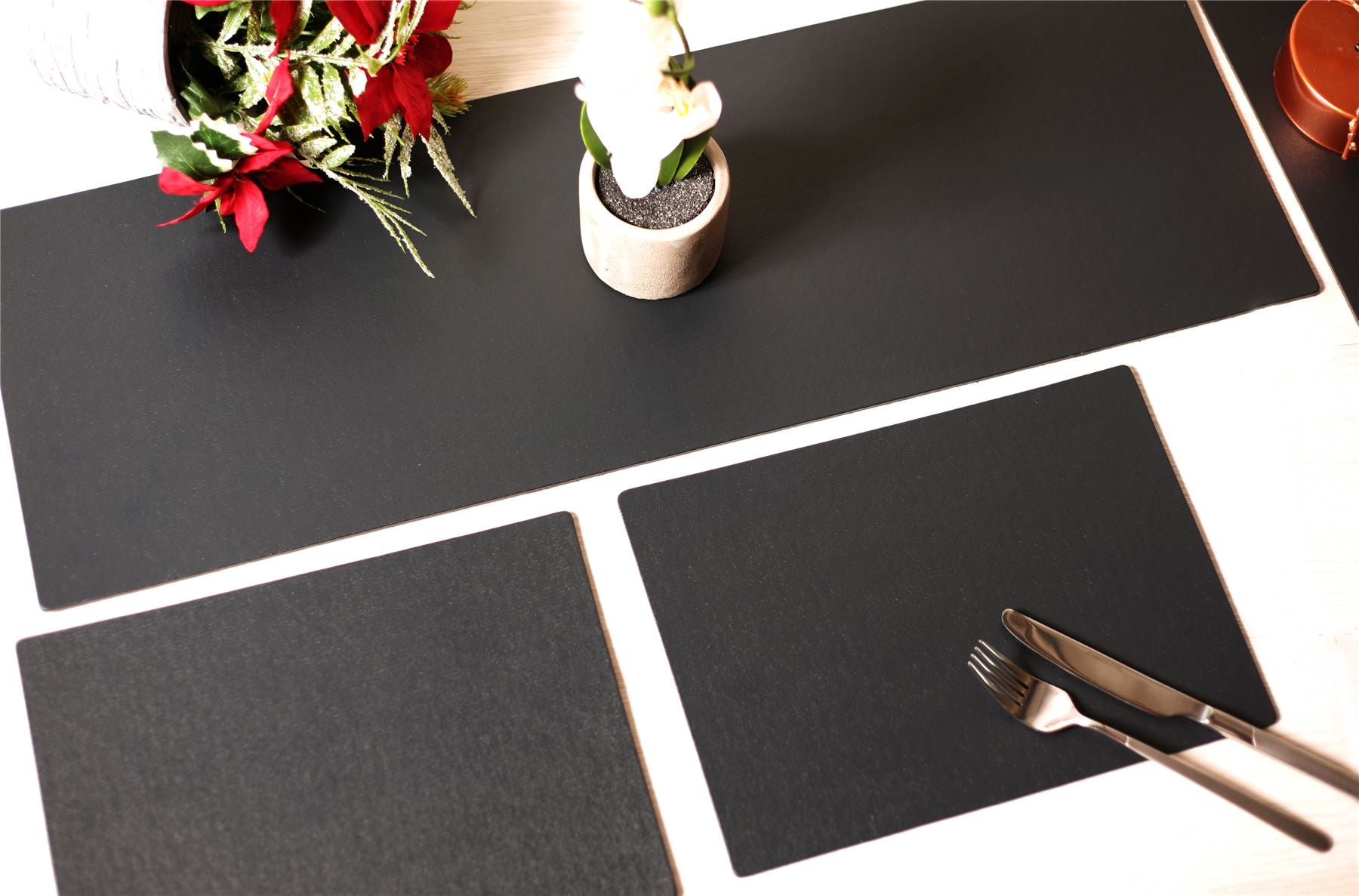  Luxury 5 Piece Charcoal Grey Leatherboard Dinning Set Runner 4 Placemats