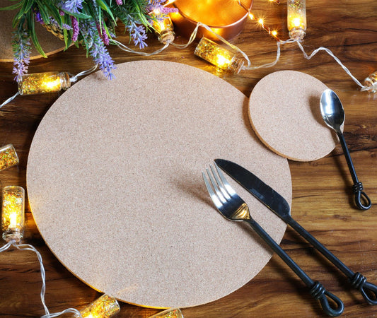  Set of 6 Naturals Pure Cork Chuncky Round Placemats and 6 Coasters - UK Made