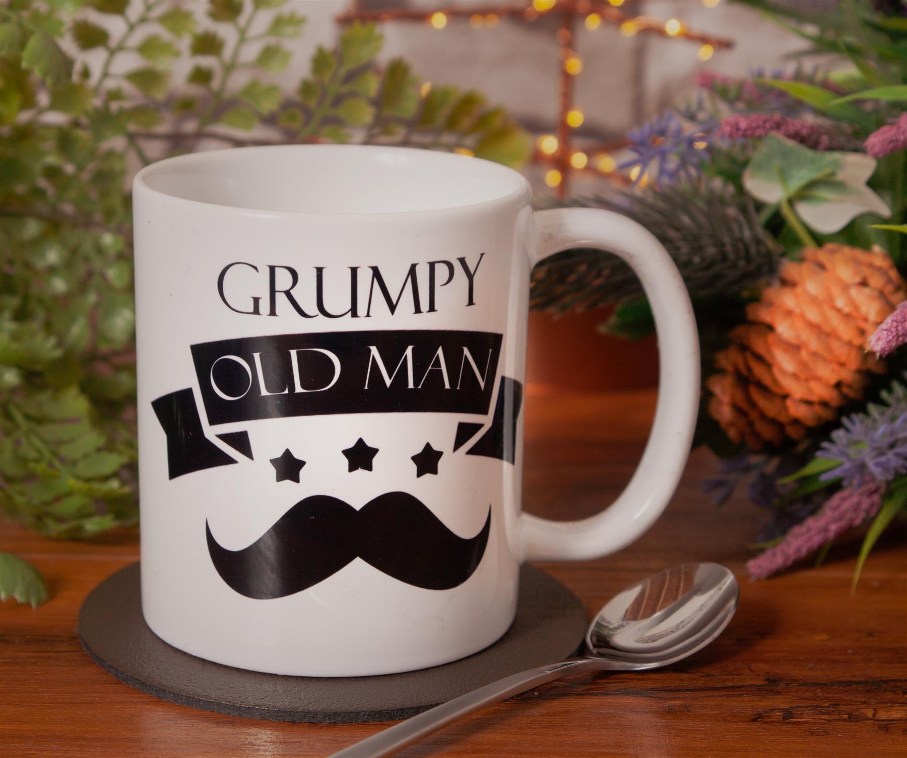  Set of 6 &apos;Grumpy old man&apos; porcelain can shaped 10 floz mugs & coasters