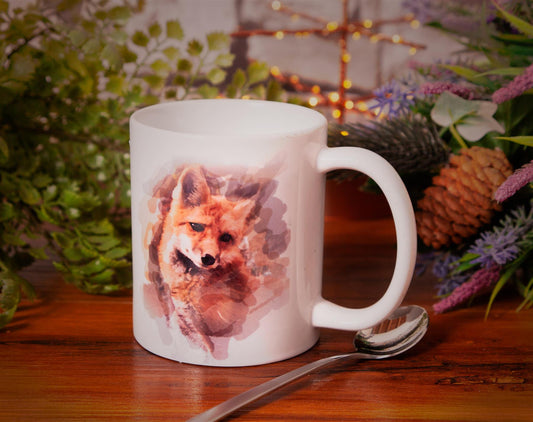  Set of 2 &apos;Water Colour Animals Fox&apos; porcelain can shaped 10 floz mugs