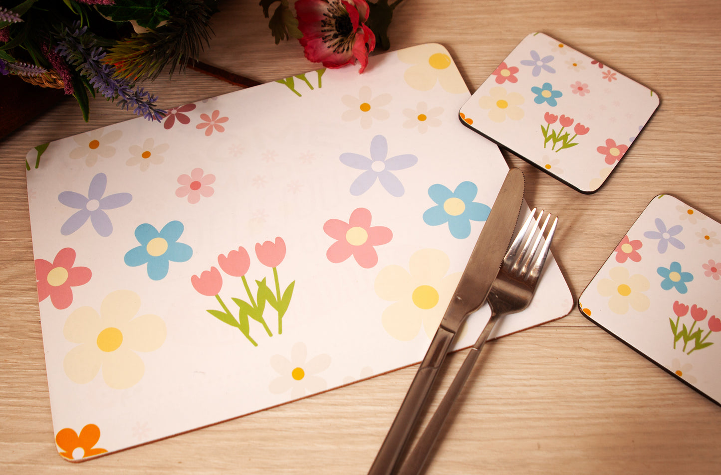 Set of 8 Flowers Design Cork Backed Placemats and Coasters