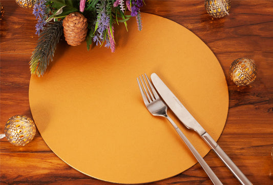  Set of 8 Gold Elementary Round Leatherboard Placemats Tablemats - Made in UK