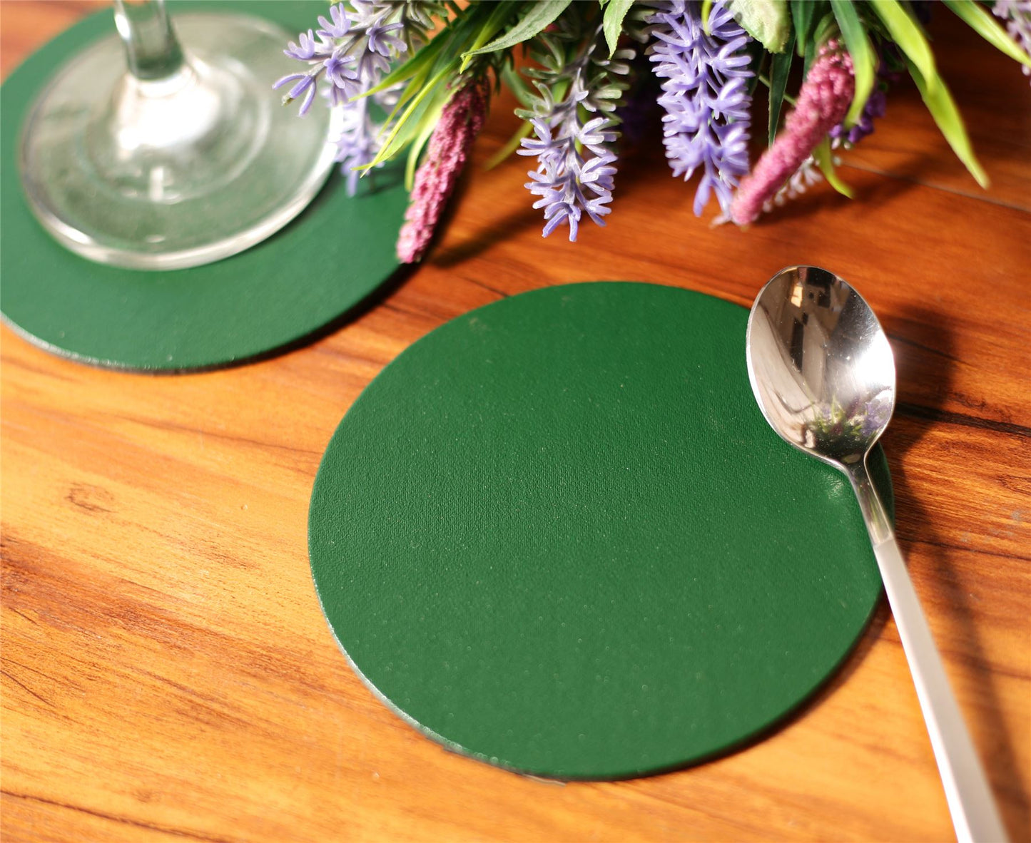  Set of 8 British Racing Green Elementary Round Leatherboard Coasters