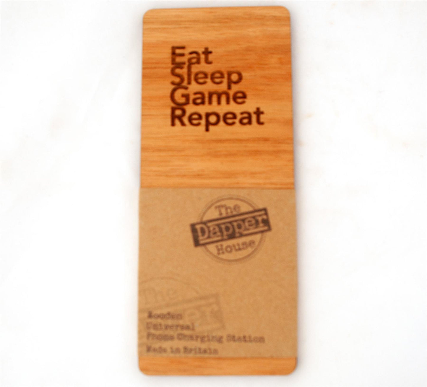  Wooden Desktop Phone Docking Station Stand - Eat Sleep Game Repeat Design - Made in the UK