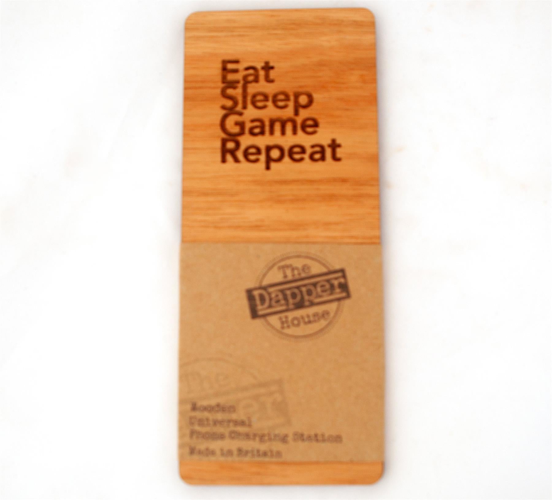  Wooden Desktop Phone Docking Station Stand - Eat Sleep Game Repeat Design - Made in the UK