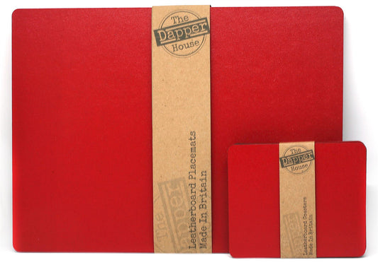  Set of 6 Elementary Red Leatherboard Placemats and 6 Coasters - Made in UK